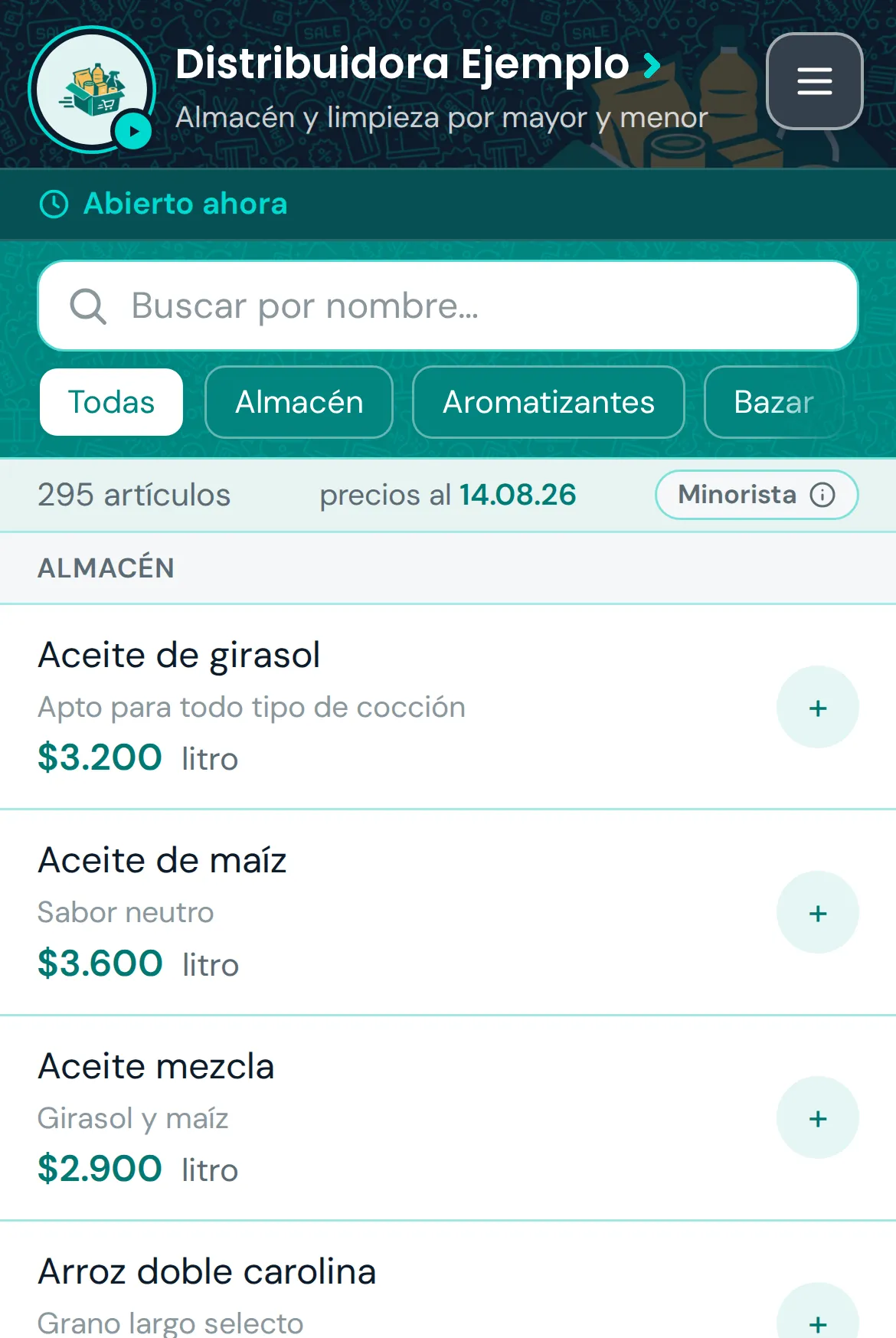 El catálogo de Distribuidora Ejemplo en un celular: la portada del comercio, el buscador y 295 artículos con precio y unidad.