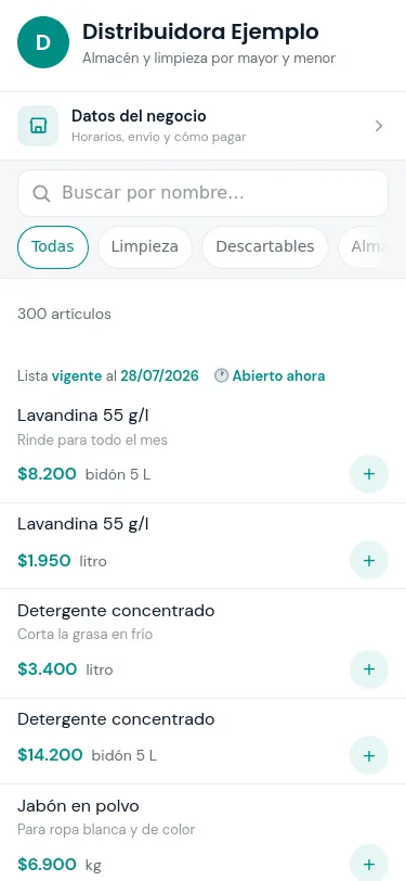 El catálogo de Distribuidora Ejemplo en un celular: la portada del comercio, el buscador y 300 artículos con precio y unidad.