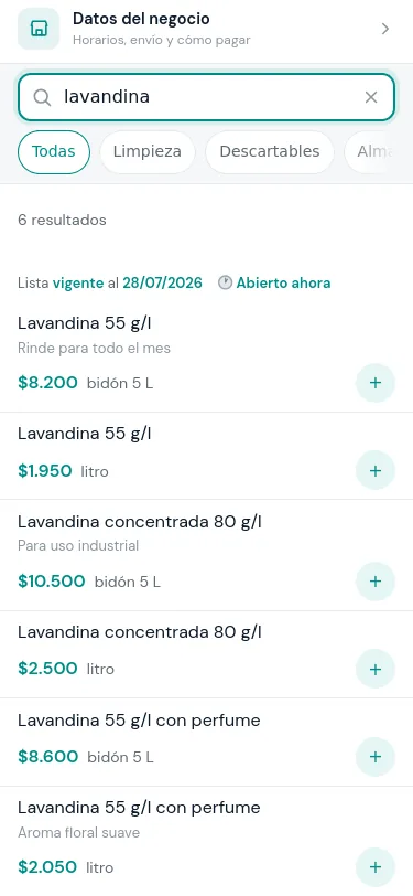 Catálogo de Distribuidora Ejemplo en el celular, con el buscador y las categorías de productos