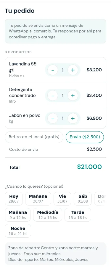 Carrito de compra con las opciones de envío o retiro, la fecha y la franja horaria de entrega