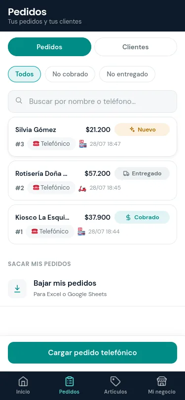 Libreta de pedidos con el estado de cada uno -entregado, cobrado o pendiente- y los pagos a cuenta