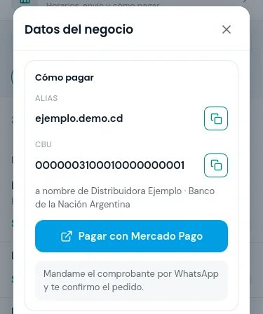 Ficha de cómo pagar, con el alias y el CBU del comercio y un botón para copiarlos