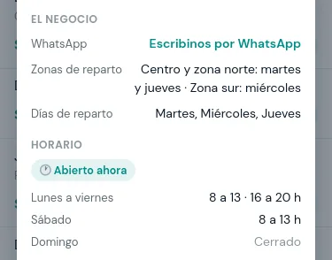 Horarios de atención y zonas de reparto del comercio, visibles en el catálogo