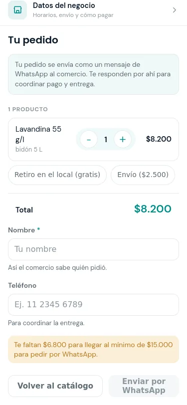 Carrito de compra mostrando cuánto falta para llegar al mínimo de compra