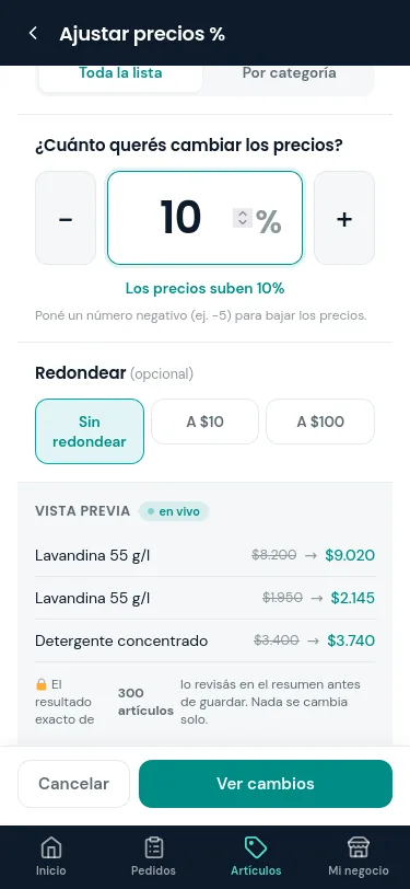 Pantalla de ajuste de precios por porcentaje, con la vista previa antes de confirmar