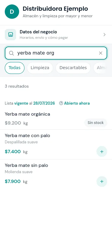 Producto del catálogo con la etiqueta Sin stock, visible pero que no se puede pedir
