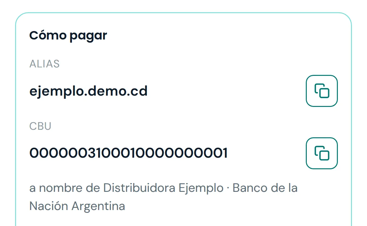 Bloque «cómo pagar» que ve el cliente al enviar el pedido: alias y CBU con un botón para copiar cada uno