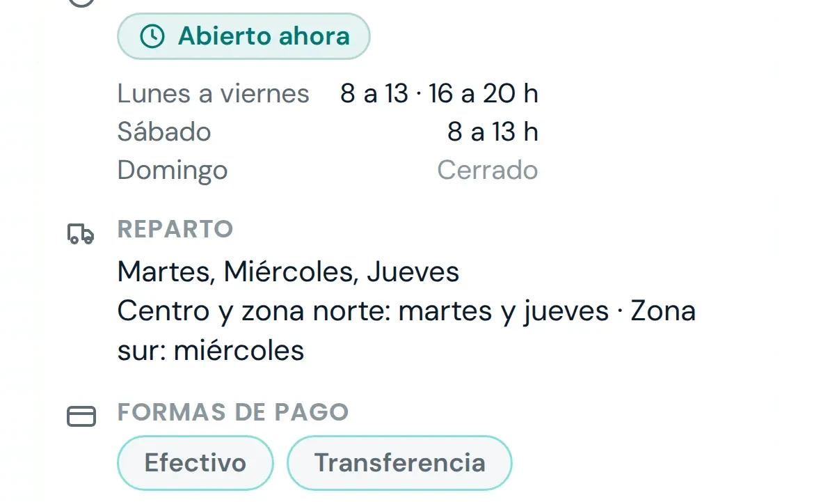 Ficha del comercio con el horario de atención, los días y zonas de reparto y las formas de pago que acepta