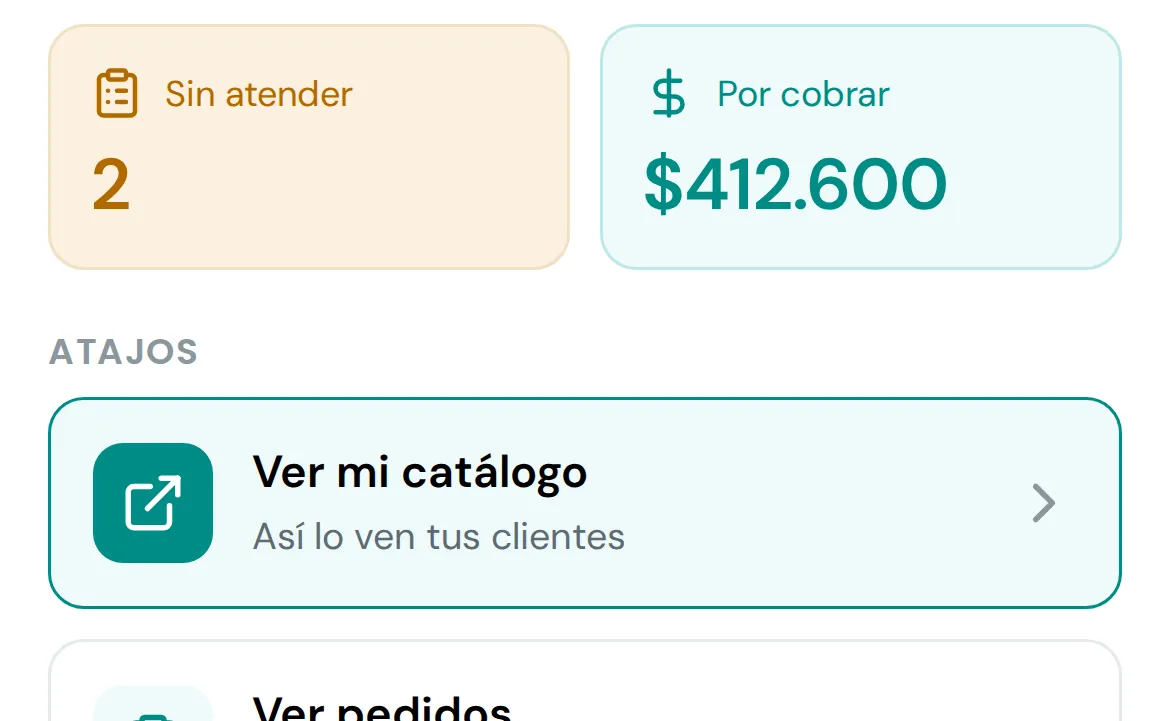 El panel del comercio en el celular: cuatro botones grandes — ver mi catálogo, ver pedidos, cargar un pedido telefónico y actualizar la lista